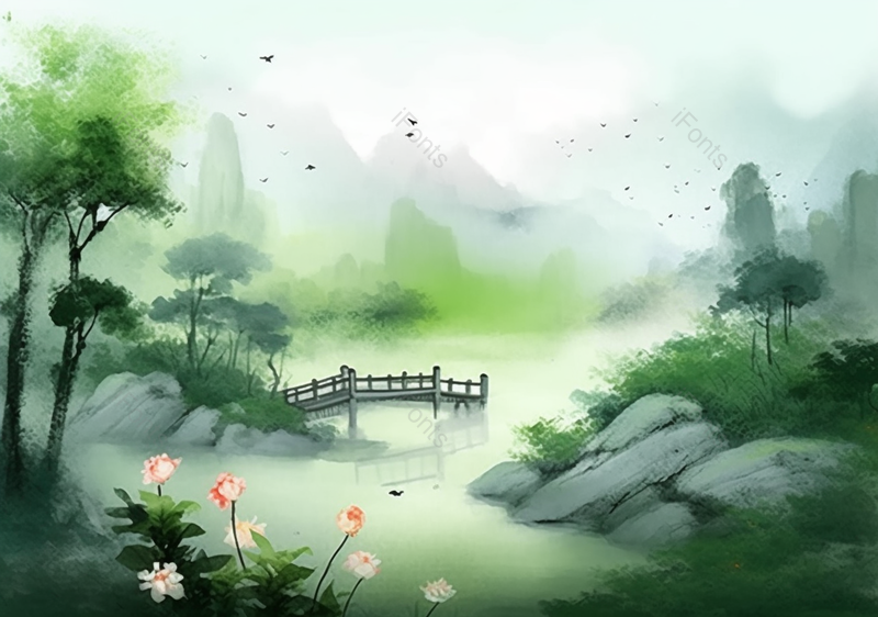 木桥山川湖泊景色自然意境中国山水国风水墨画背景,插画/手绘图,插画/手绘图库,插画/手绘图下载,插画/手绘